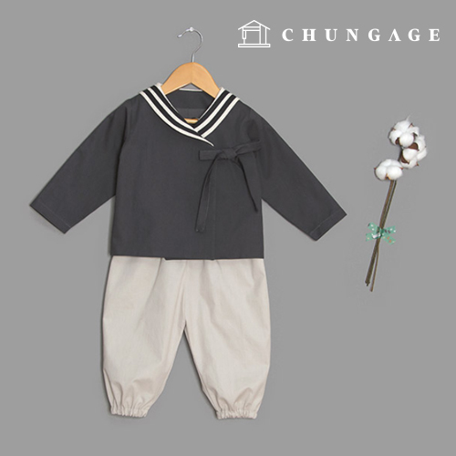 服裝款式兒童韓服風格服裝製作上下套裝褲聖領P1488