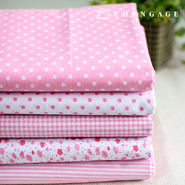 5種棉混紡面料，花卉圖案，圓點，條紋，花哨粉紅色