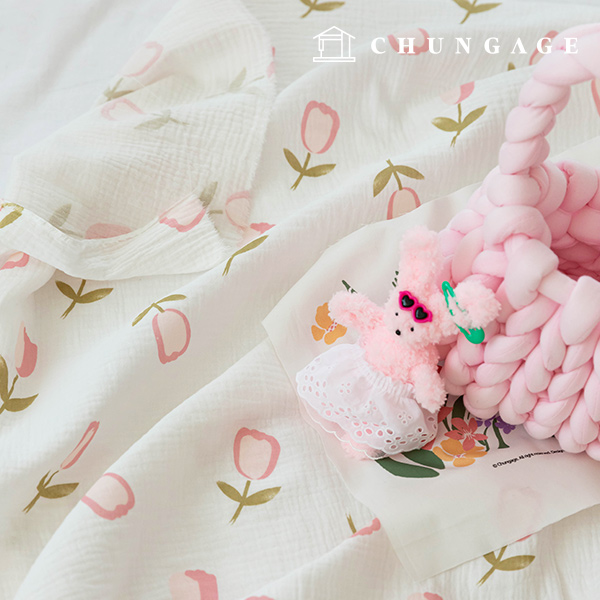 Yoru雙層紗布 無螢光生物水洗布料 花卉圖案布料 粉紅鬱金香