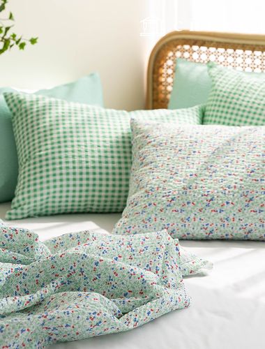 配套布料 酷波紋泡泡紗布料 寬幅花卉圖案布料 綠色裝飾 R-727