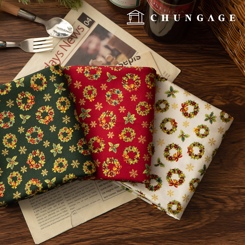 40片裝高密度棉質聖誕布料,金色花圈圖案,3種款式