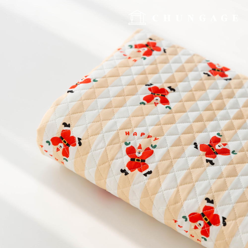 縫紉材料 20片棉質DTP聖誕絎縫布料 跳舞的聖誕老人 米色條紋圖案