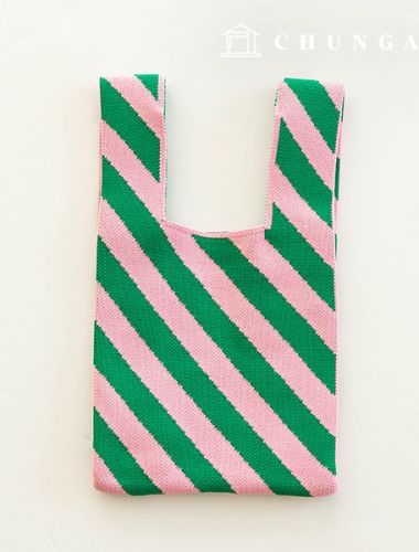 針織衫迷你手提包格子針織衫包手腕包粉色斜線