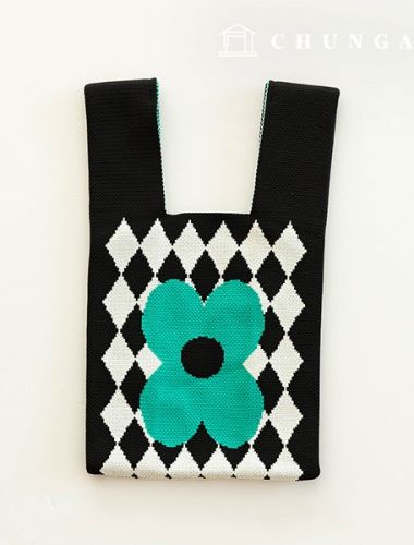 針織衫迷你手提包格子針織衫包手腕包綠花