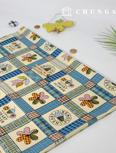 棉牛津布花卉圖案布料心形花朵貼片藍色