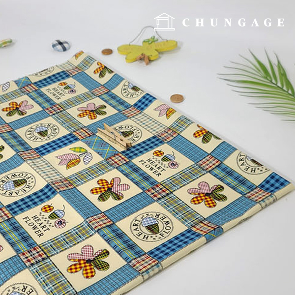 棉牛津布花卉圖案布料心形花朵貼片藍色