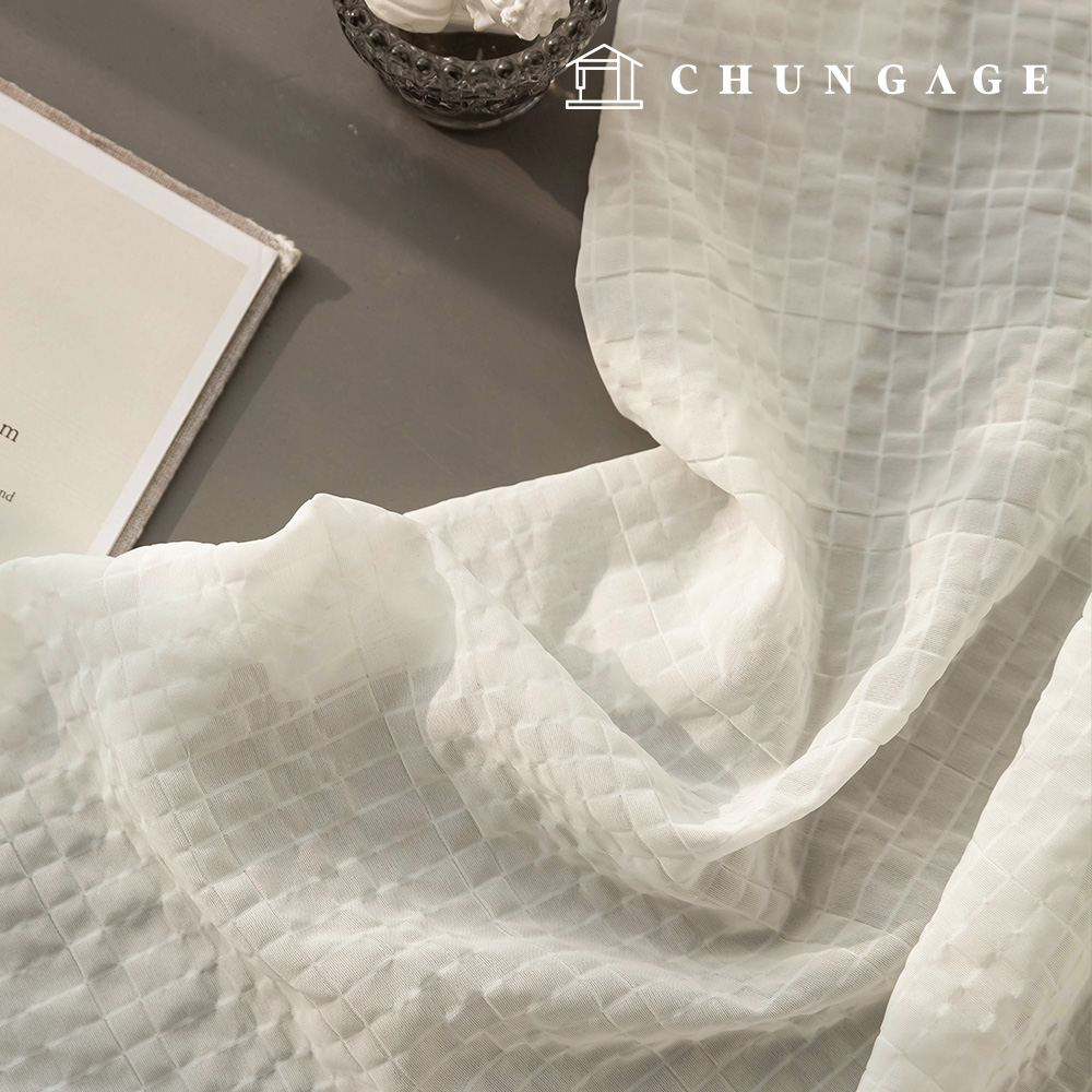 Jijimi 布料 波紋聚酯泡泡紗布料 格子 布料寬度 透明 透明格子