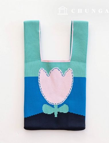 針織衫迷你手提包格子針織衫包手腕包藍色鬱金香