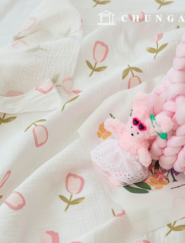 Yoru雙層紗布 無螢光生物水洗布料 花卉圖案布料 粉紅鬱金香