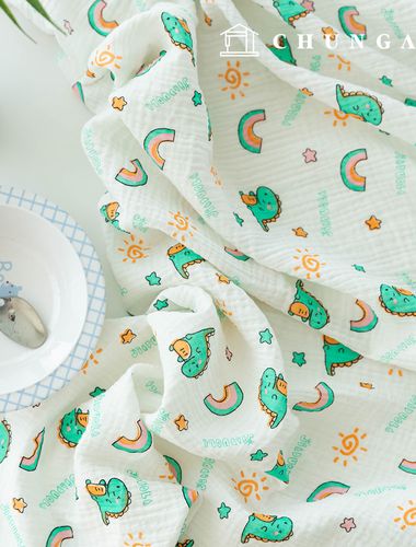 Yoru雙層紗布無螢光生物水洗布料彩虹恐龍