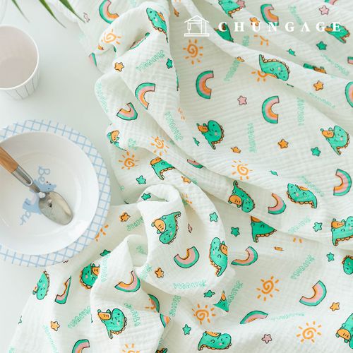 Yoru雙層紗布無螢光生物水洗布料彩虹恐龍