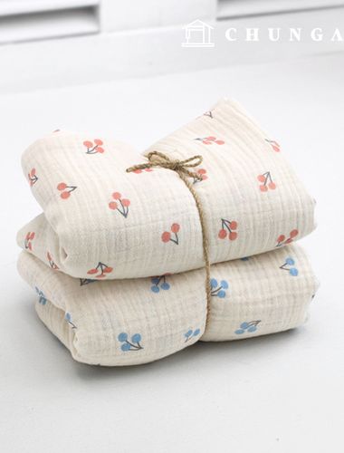 Yoru雙層紗布綿無螢光生物水洗布料寬幅櫻桃櫻桃2種