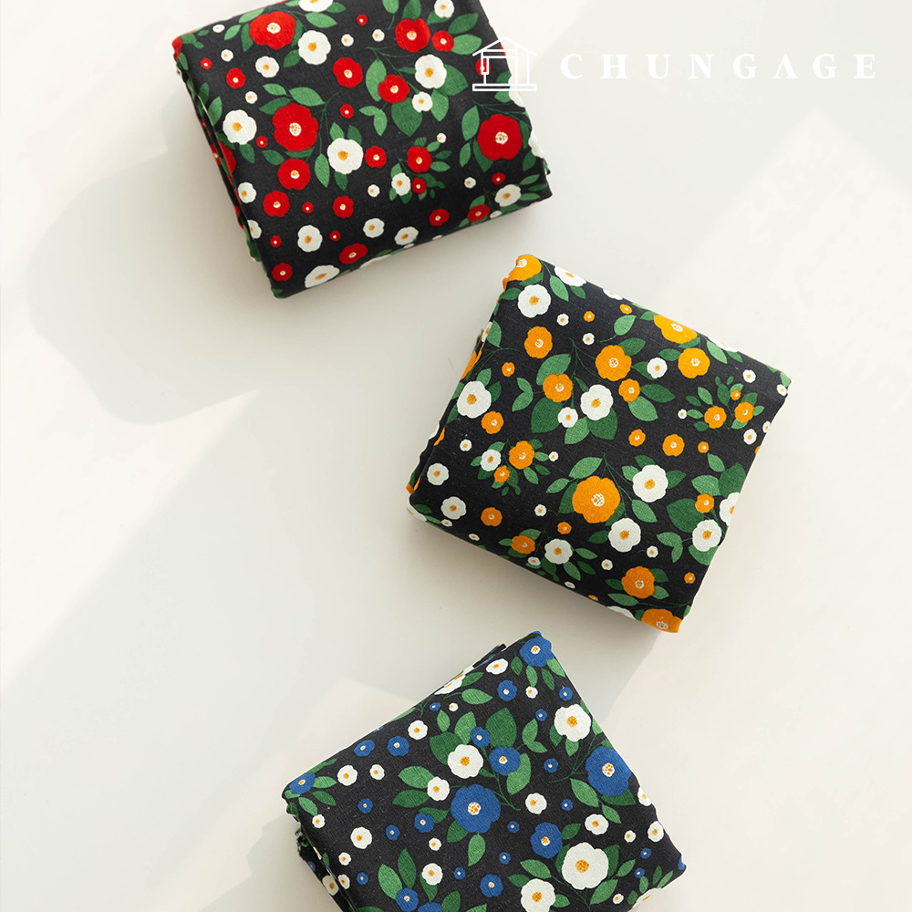 亞麻布 棉麻布 復古/復刻花卉布料 花布 幅寬11枝 圓形山茶花 3種類型